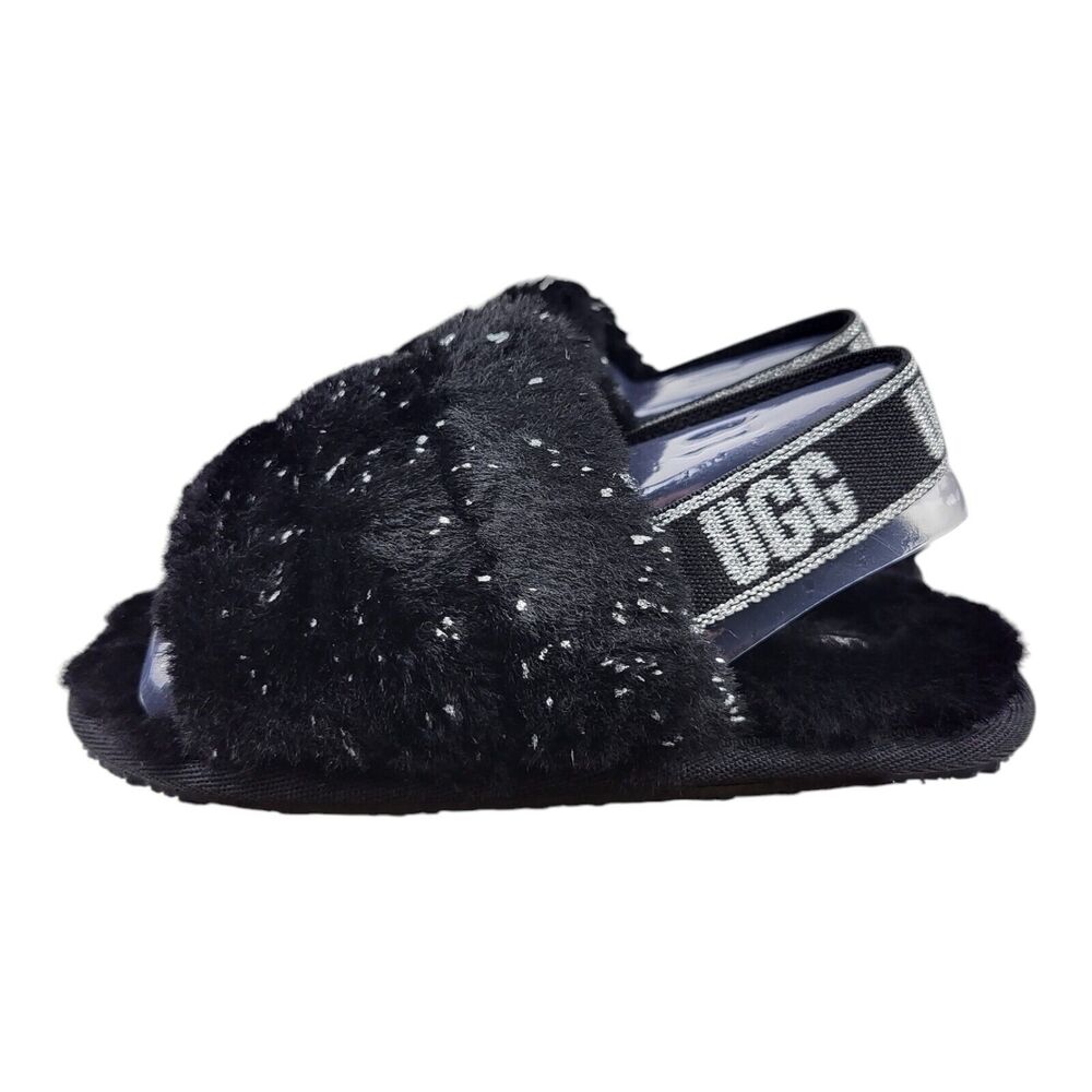 Ugg Fluff Yeah Metallic Sparkle Girls Black Slides 1125376T Size 10 NIB